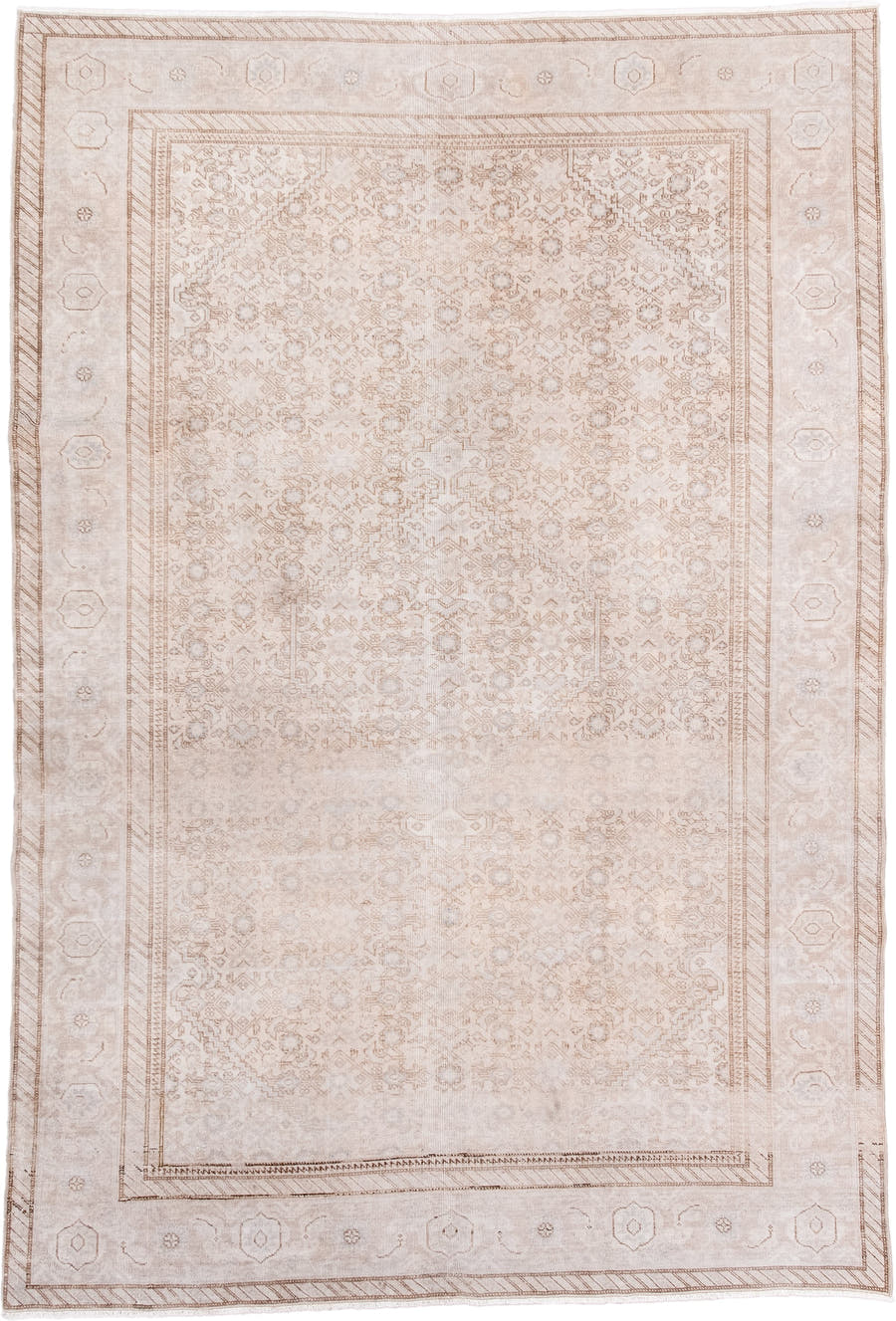 6' x 8' one-of-a-kind handmade antique Tabriz medium size rug. Color palette: ivory, beige, taupe, camel, cream, gray