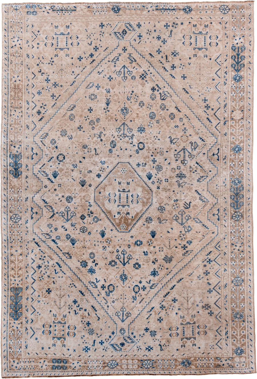 7' x 10' one-of-a-kind handmade vintage Shiraz large size rug. Color palette: ivory, blue, beige, camel, taupe, gray