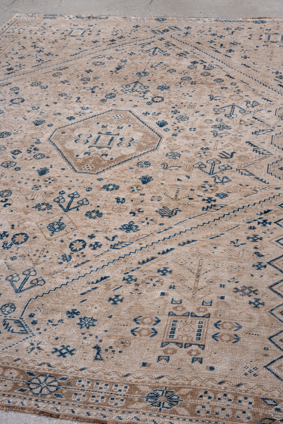 7' x 10' one-of-a-kind handmade vintage Shiraz large size rug. Color palette: ivory, blue, beige, camel, taupe, gray