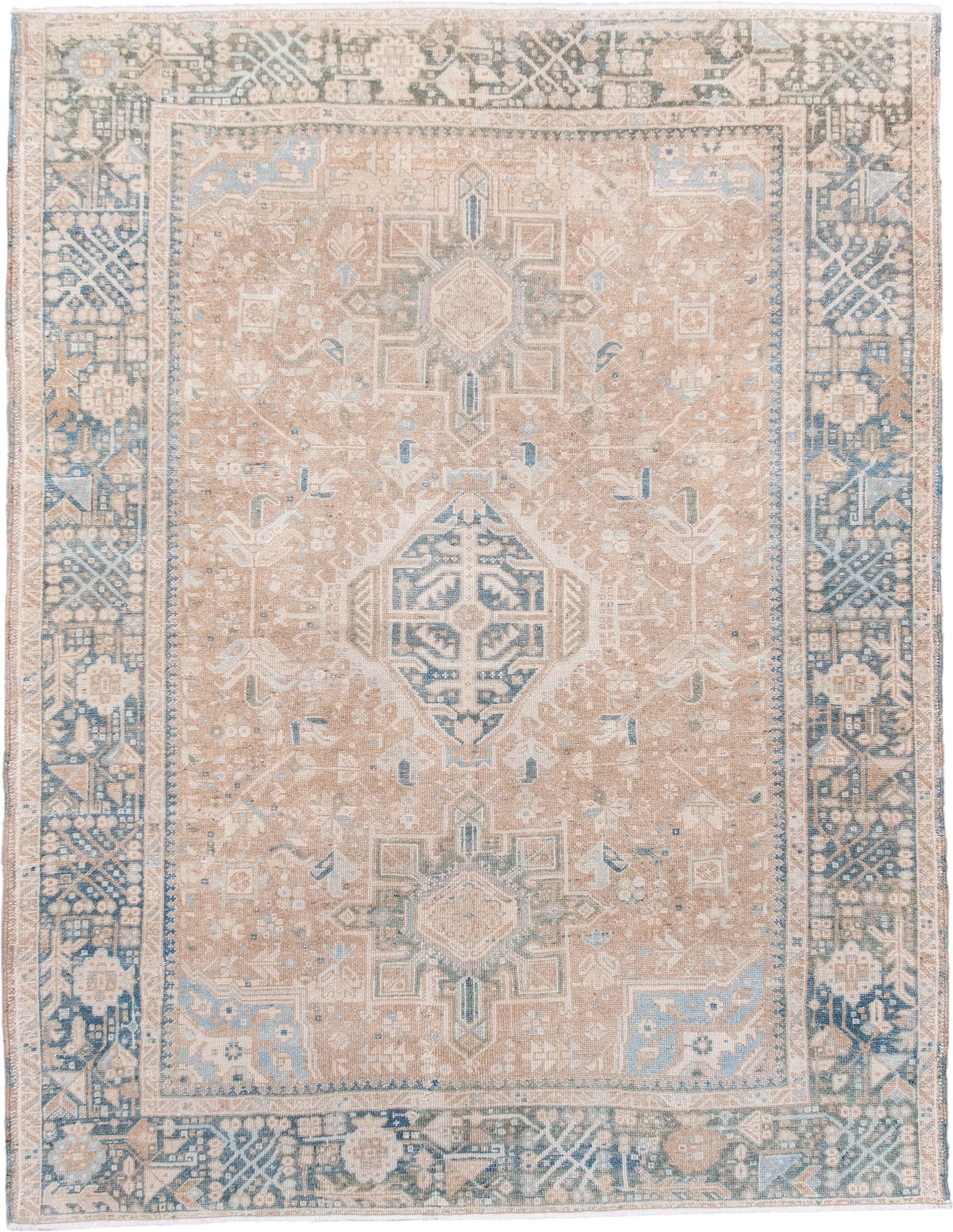 4' x 6' one-of-a-kind handmade antique Karaje rug. Color palette: camel, powder_blue, ivory, taupe, slate, beige, light blue