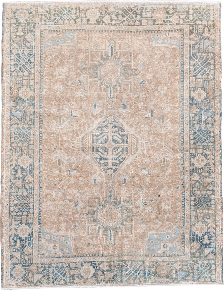 4' x 6' one-of-a-kind handmade antique Karaje rug. Color palette: camel, powder_blue, ivory, taupe, slate, beige, light blue