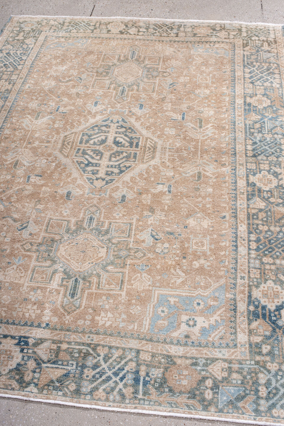 4' x 6' one-of-a-kind handmade antique Karaje rug. Color palette: camel, powder_blue, ivory, taupe, slate, beige, light blue