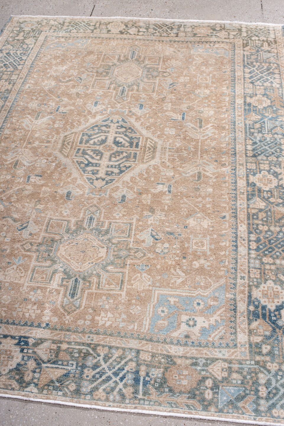 4' x 6' one-of-a-kind handmade antique Karaje rug. Color palette: camel, powder_blue, ivory, taupe, slate, beige, light blue