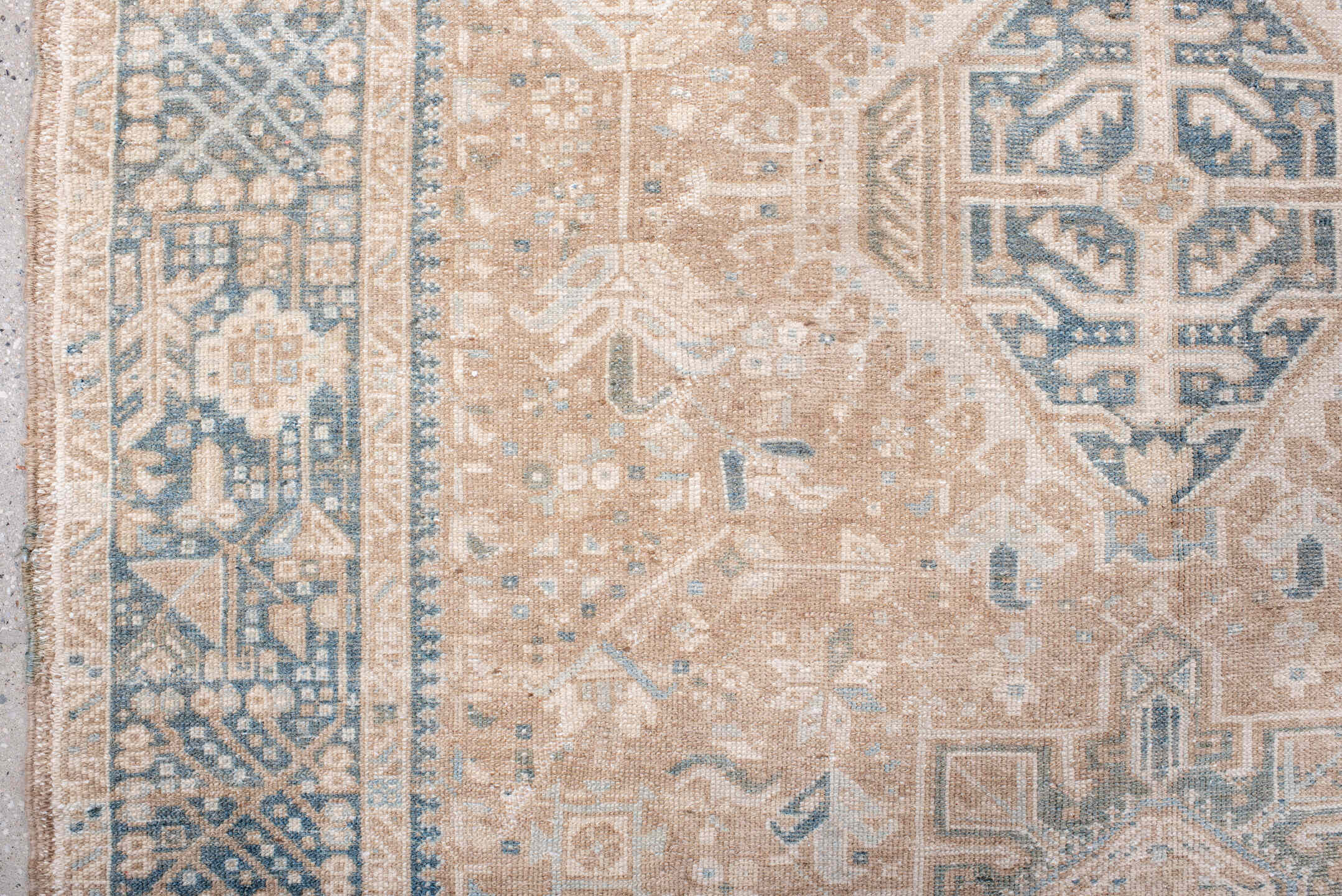 4' x 6' one-of-a-kind handmade antique Karaje rug. Color palette: camel, powder_blue, ivory, taupe, slate, beige, light blue
