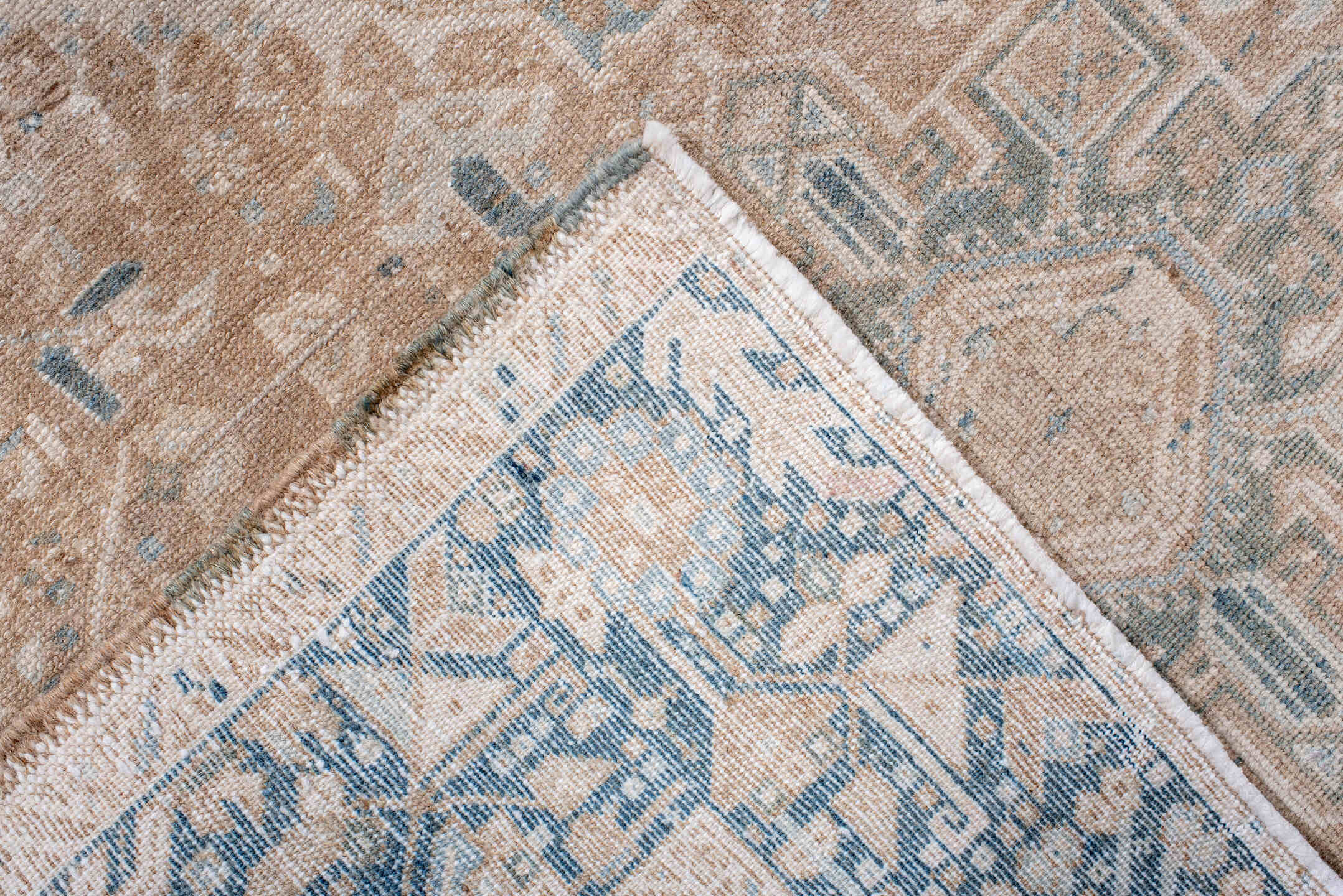 4' x 6' one-of-a-kind handmade antique Karaje rug. Color palette: camel, powder_blue, ivory, taupe, slate, beige, light blue