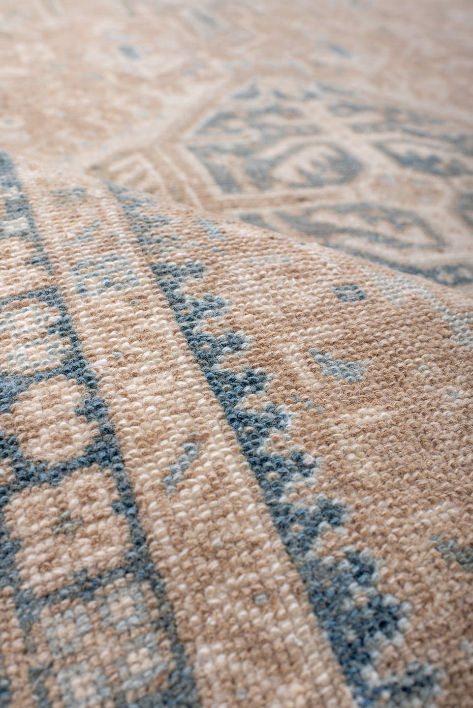 4' x 6' one-of-a-kind handmade antique Karaje rug. Color palette: camel, powder_blue, ivory, taupe, slate, beige, light blue