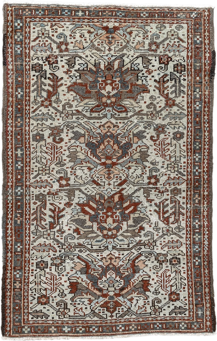 2' x 3' one-of-a-kind handmade antique Karaje small size rug. Color palette: ivory, rust, slate blue, taupe, deep brown