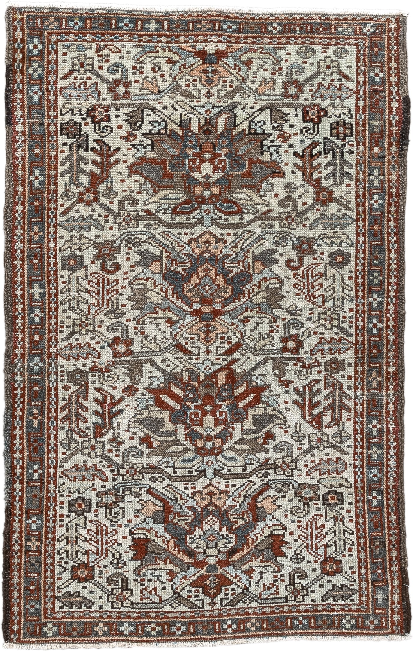 2' x 3' one-of-a-kind handmade antique Karaje small size rug. Color palette: ivory, rust, slate blue, taupe, deep brown