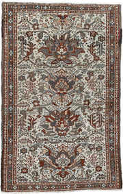 2' x 3' one-of-a-kind handmade antique Karaje small size rug. Color palette: ivory, rust, slate blue, taupe, deep brown