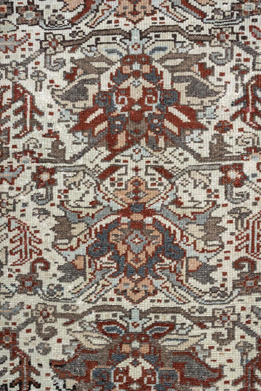 2' x 3' one-of-a-kind handmade antique Karaje small size rug. Color palette: ivory, rust, slate blue, taupe, deep brown