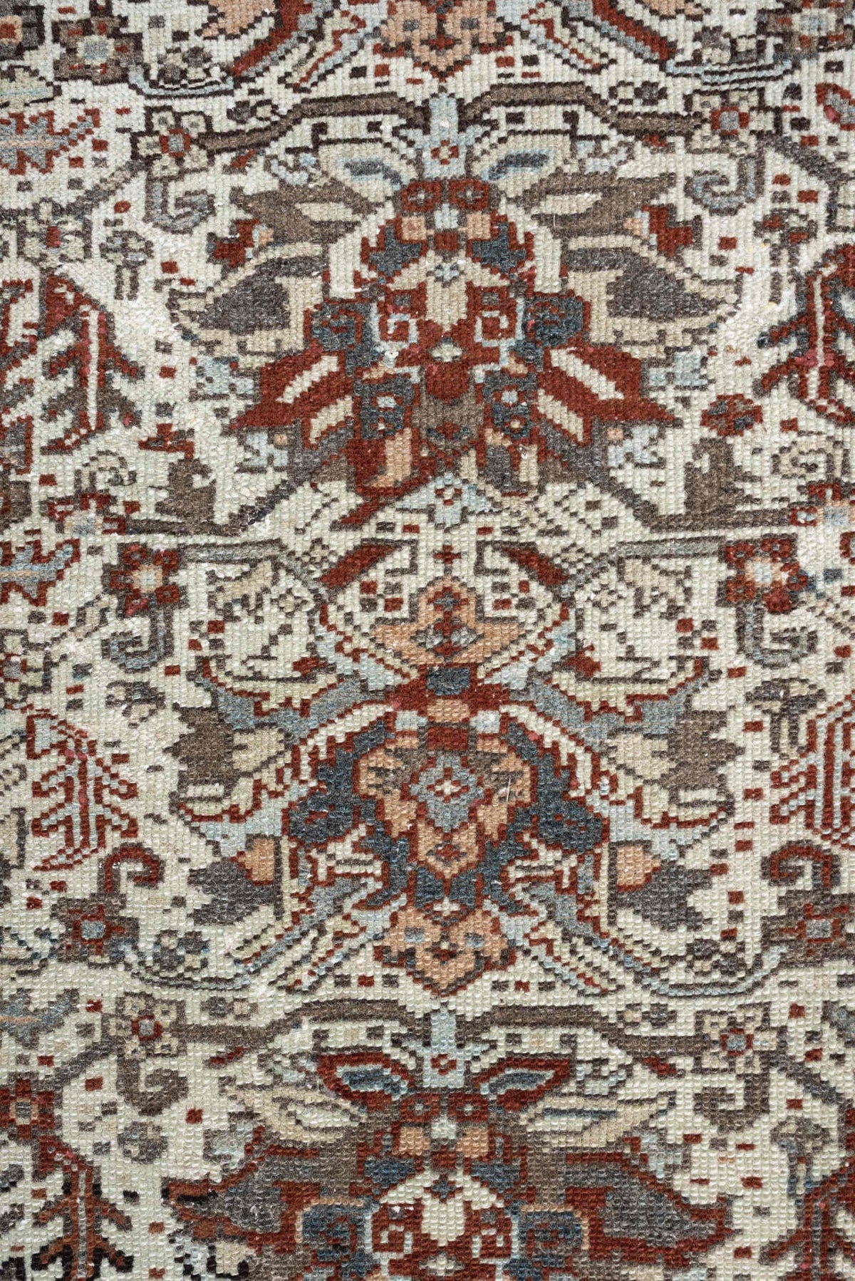 2' x 3' one-of-a-kind handmade antique Karaje small size rug. Color palette: ivory, rust, slate blue, taupe, deep brown