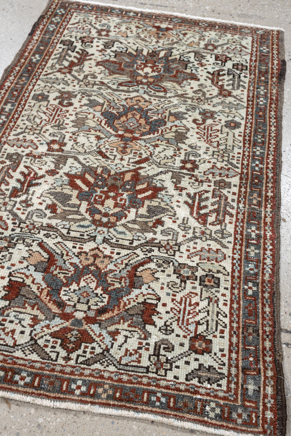 2' x 3' one-of-a-kind handmade antique Karaje small size rug. Color palette: ivory, rust, slate blue, taupe, deep brown