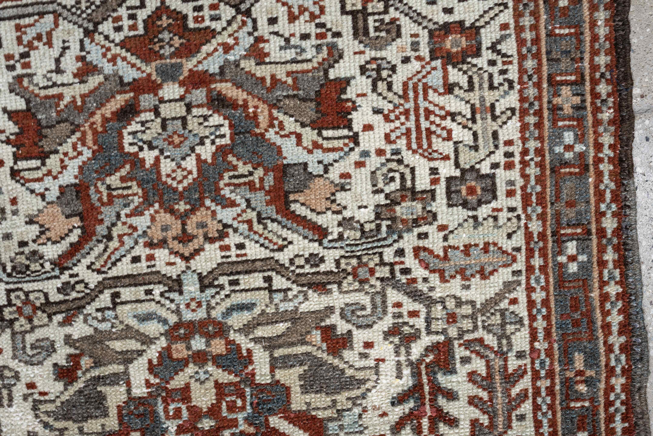 2' x 3' one-of-a-kind handmade antique Karaje small size rug. Color palette: ivory, rust, slate blue, taupe, deep brown