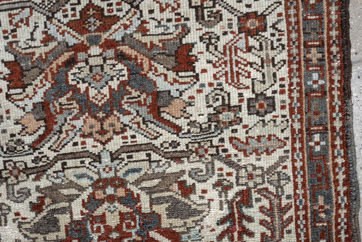 2' x 3' one-of-a-kind handmade antique Karaje small size rug. Color palette: ivory, rust, slate blue, taupe, deep brown
