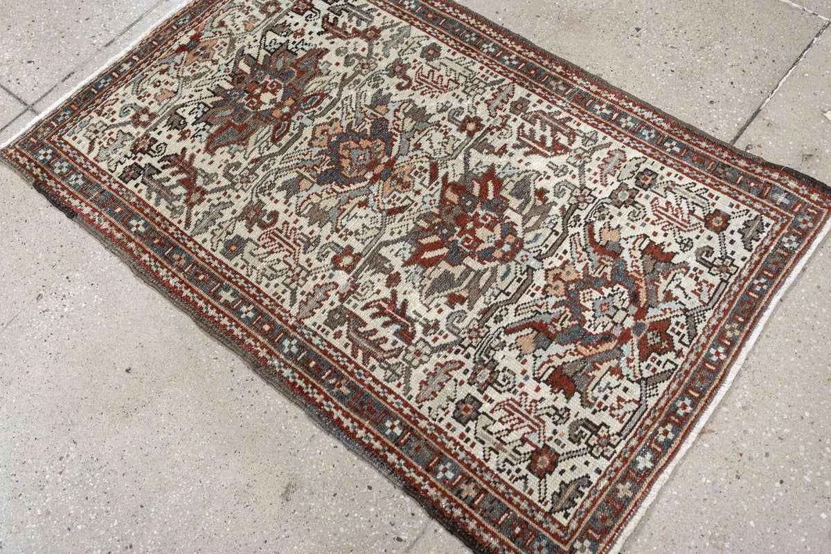 2' x 3' one-of-a-kind handmade antique Karaje small size rug. Color palette: ivory, rust, slate blue, taupe, deep brown