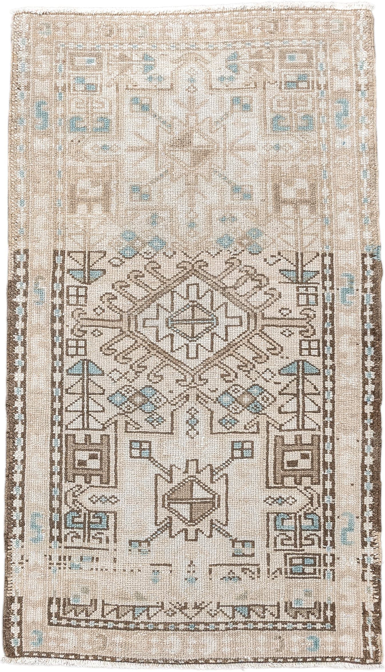 2' x 4' one-of-a-kind handmade antique Karaje small size rug. Color palette: ivory, sand, light aqua, taupe, brown, beige