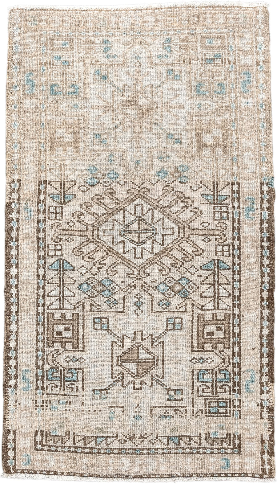 2' x 4' one-of-a-kind handmade antique Karaje small size rug. Color palette: ivory, sand, light aqua, taupe, brown, beige