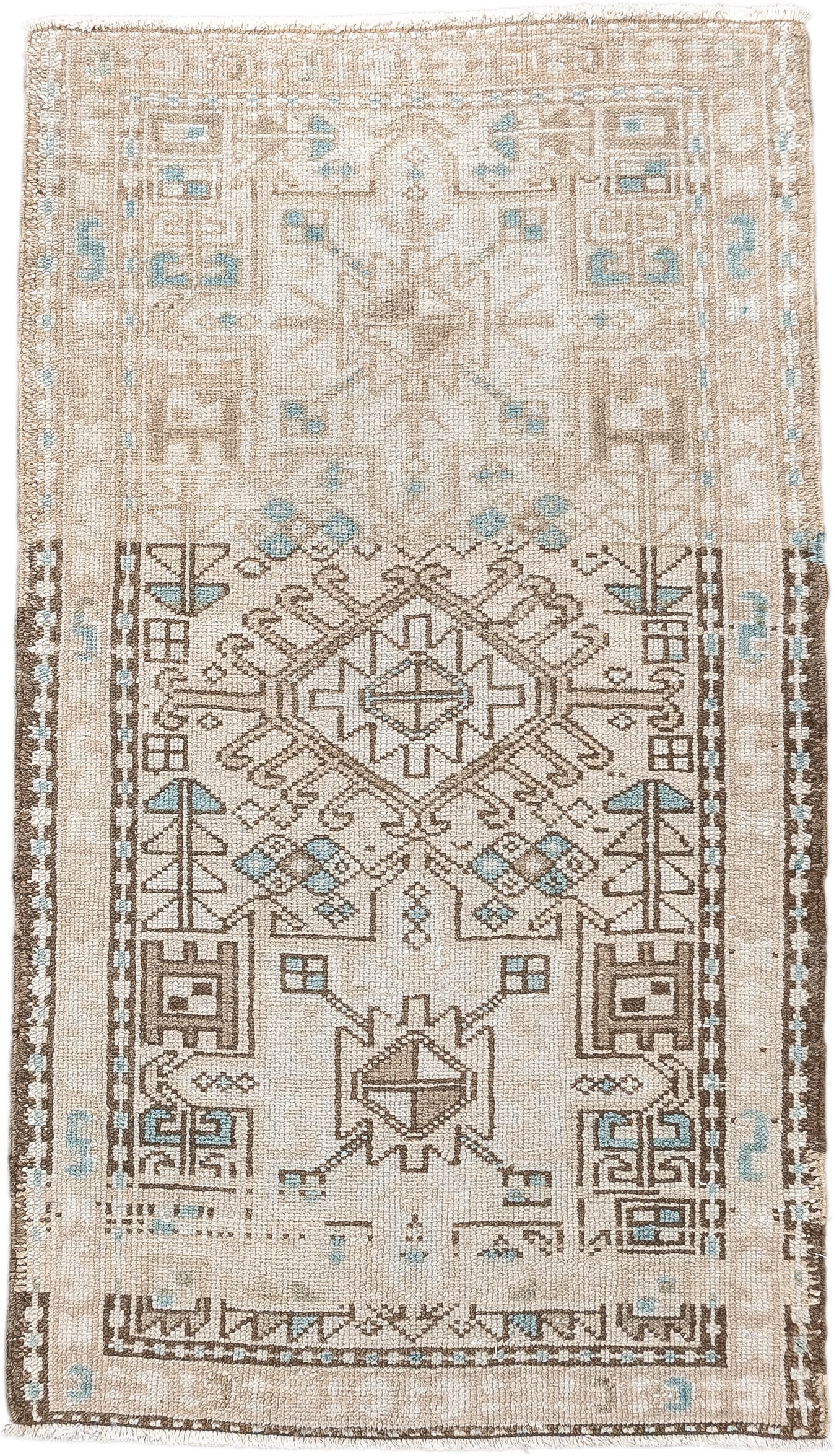 2' x 4' one-of-a-kind handmade antique Karaje small size rug. Color palette: ivory, sand, light aqua, taupe, brown, beige