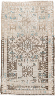 2' x 4' one-of-a-kind handmade antique Karaje small size rug. Color palette: ivory, sand, light aqua, taupe, brown, beige