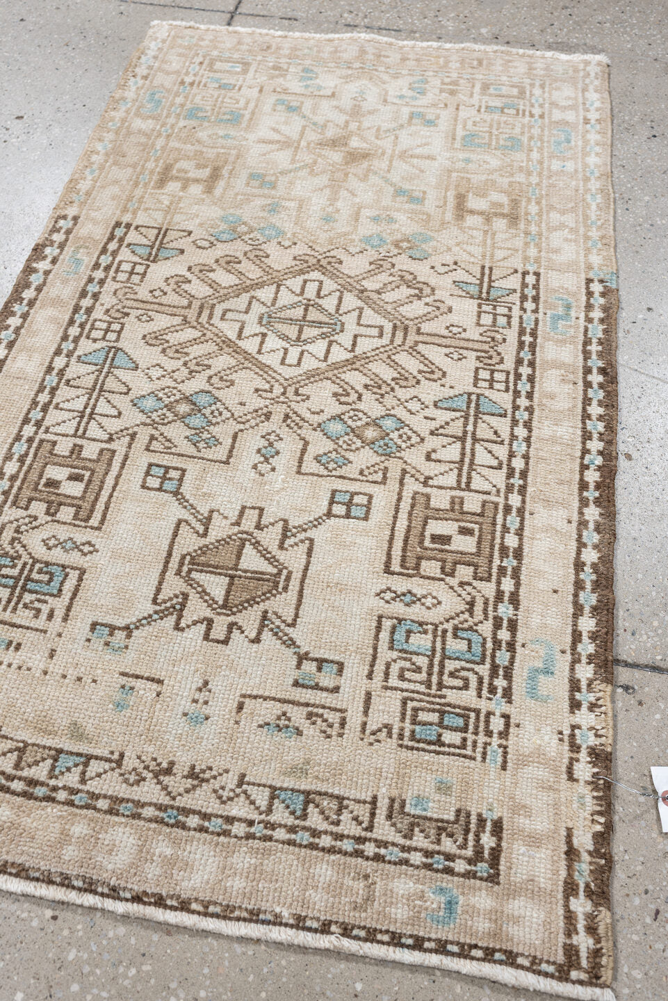 2' x 4' one-of-a-kind handmade antique Karaje small size rug. Color palette: ivory, sand, light aqua, taupe, brown, beige