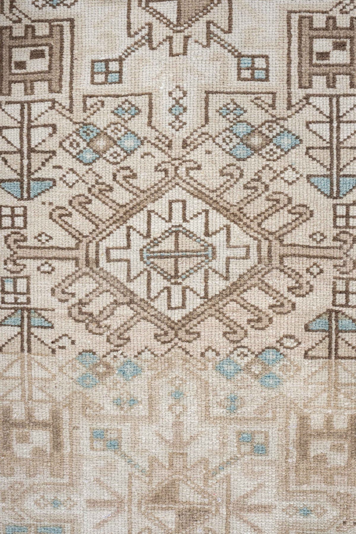 2' x 4' one-of-a-kind handmade antique Karaje small size rug. Color palette: ivory, sand, light aqua, taupe, brown, beige