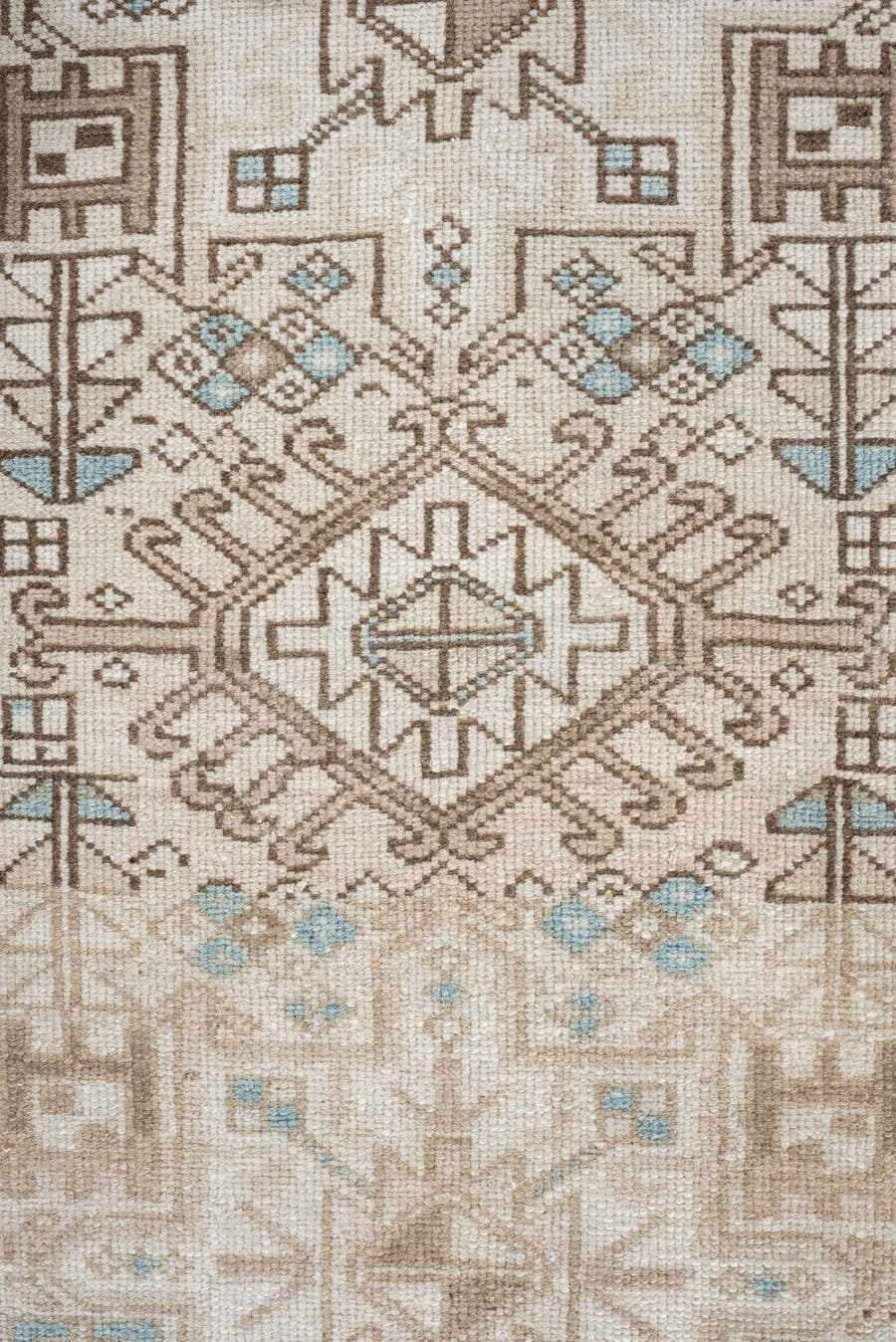 2' x 4' one-of-a-kind handmade antique Karaje small size rug. Color palette: ivory, sand, light aqua, taupe, brown, beige