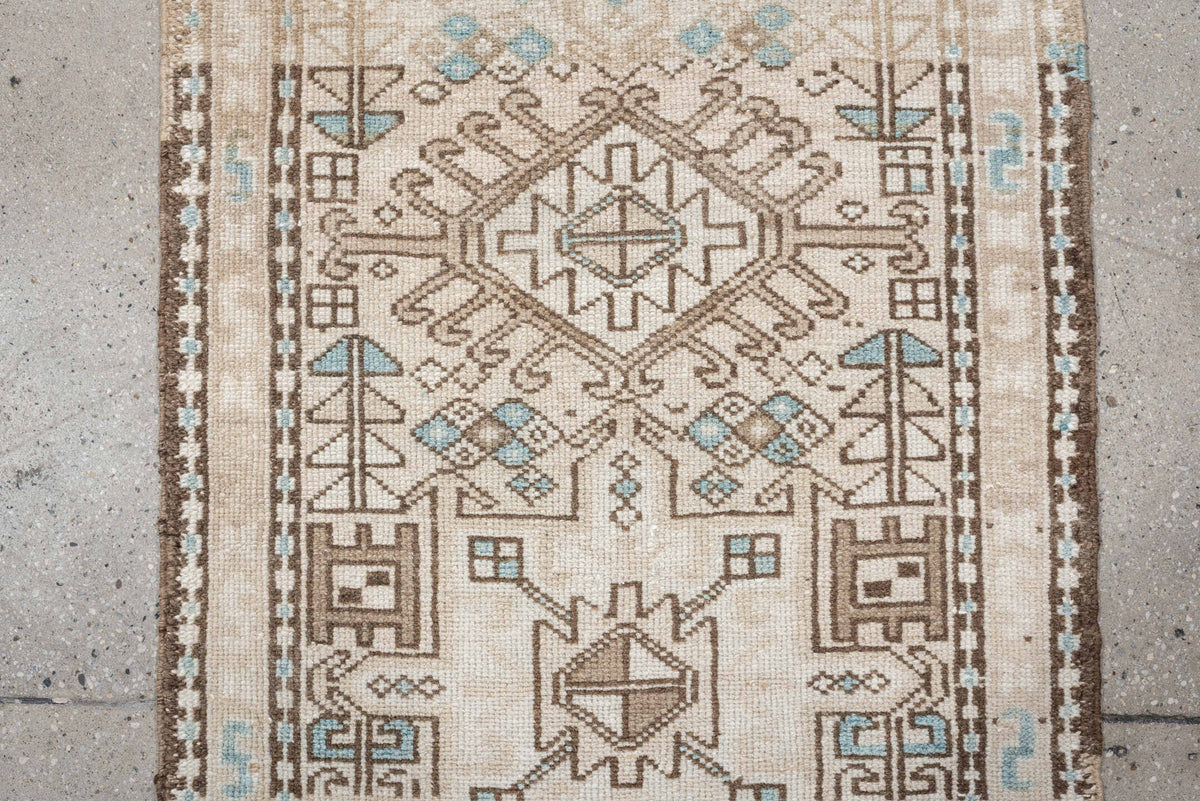 2' x 4' one-of-a-kind handmade antique Karaje small size rug. Color palette: ivory, sand, light aqua, taupe, brown, beige