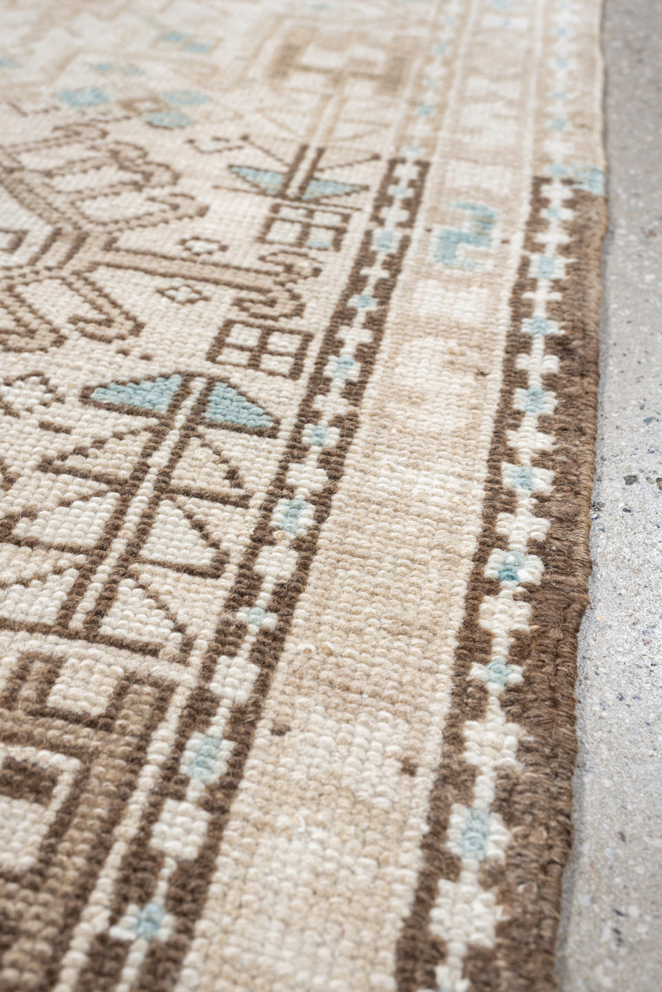 2' x 4' one-of-a-kind handmade antique Karaje small size rug. Color palette: ivory, sand, light aqua, taupe, brown, beige