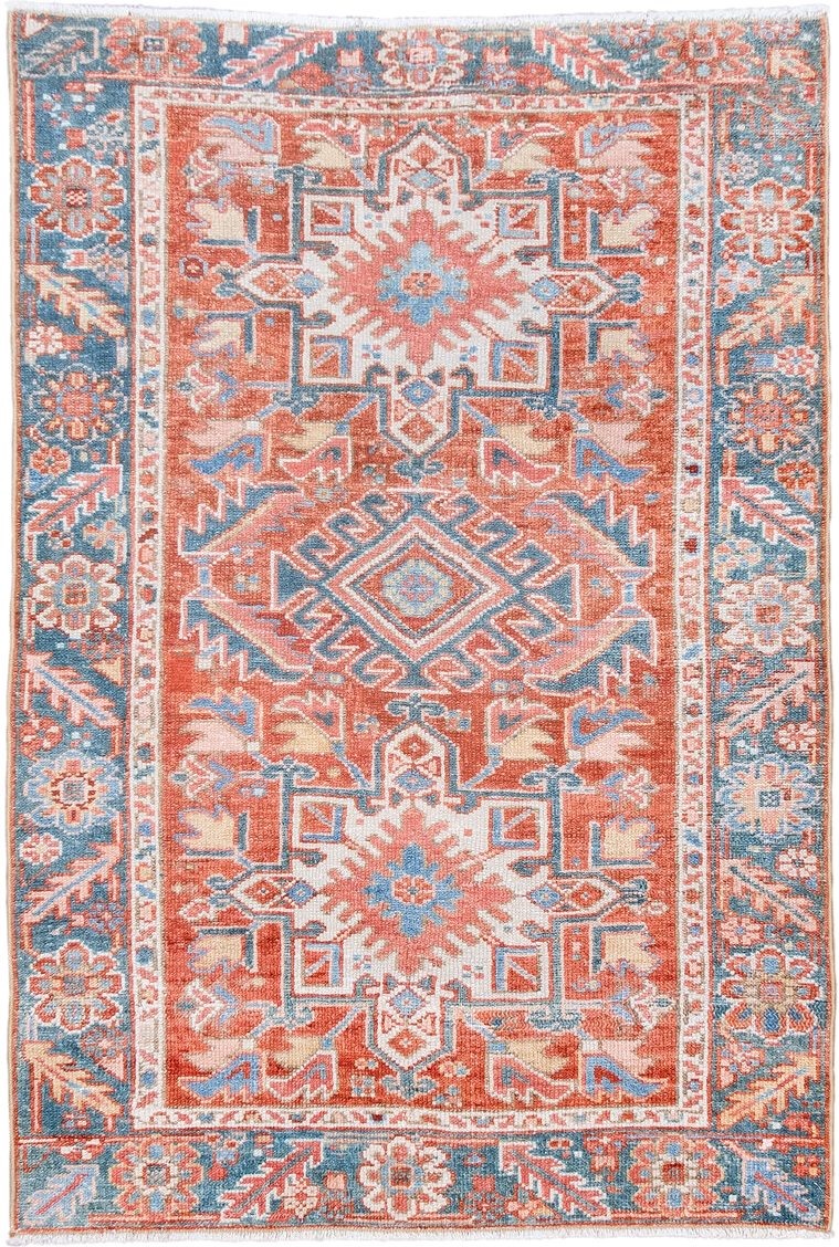 2' x 4' one-of-a-kind handmade antique Karaje small size rug. Color palette: rust, sky blue, ivory, coral, slate, cream