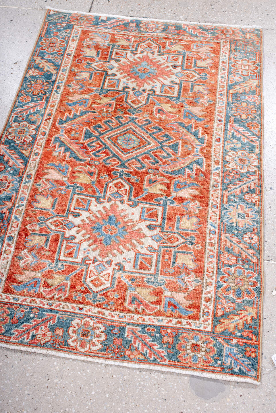 2' x 4' one-of-a-kind handmade vintage Karaje small size rug. Color palette: blue, brown, dark gray, dark salmon