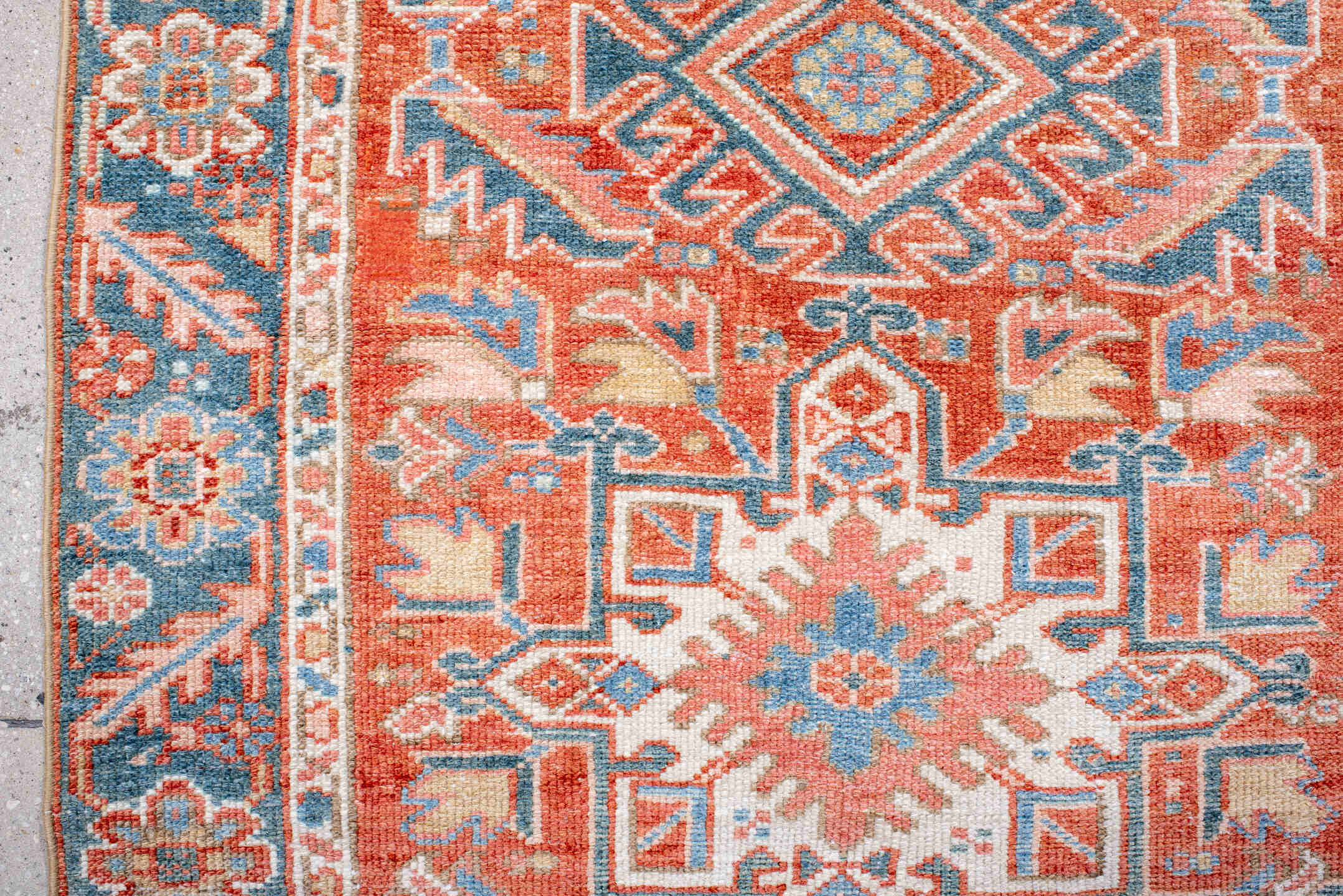 2' x 4' one-of-a-kind handmade antique Karaje small size rug. Color palette: rust, sky blue, ivory, coral, slate, cream