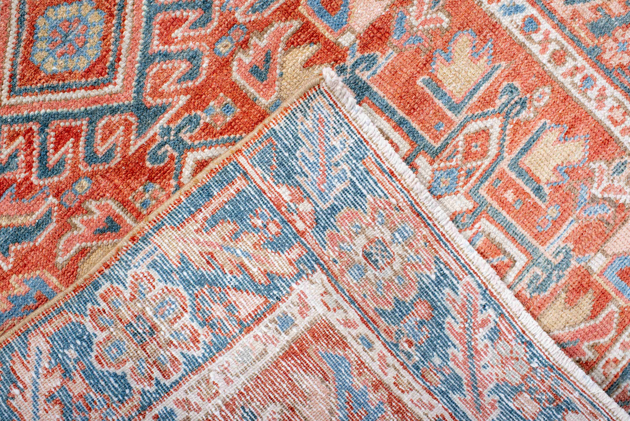 2' x 4' one-of-a-kind handmade antique Karaje small size rug. Color palette: rust, sky blue, ivory, coral, slate, cream