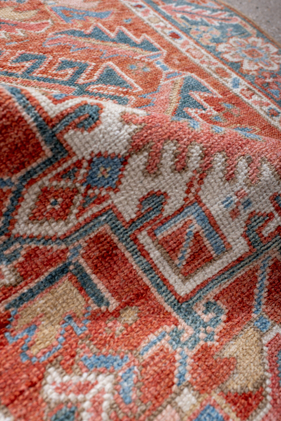 2' x 4' one-of-a-kind handmade antique Karaje small size rug. Color palette: rust, sky blue, ivory, coral, slate, cream