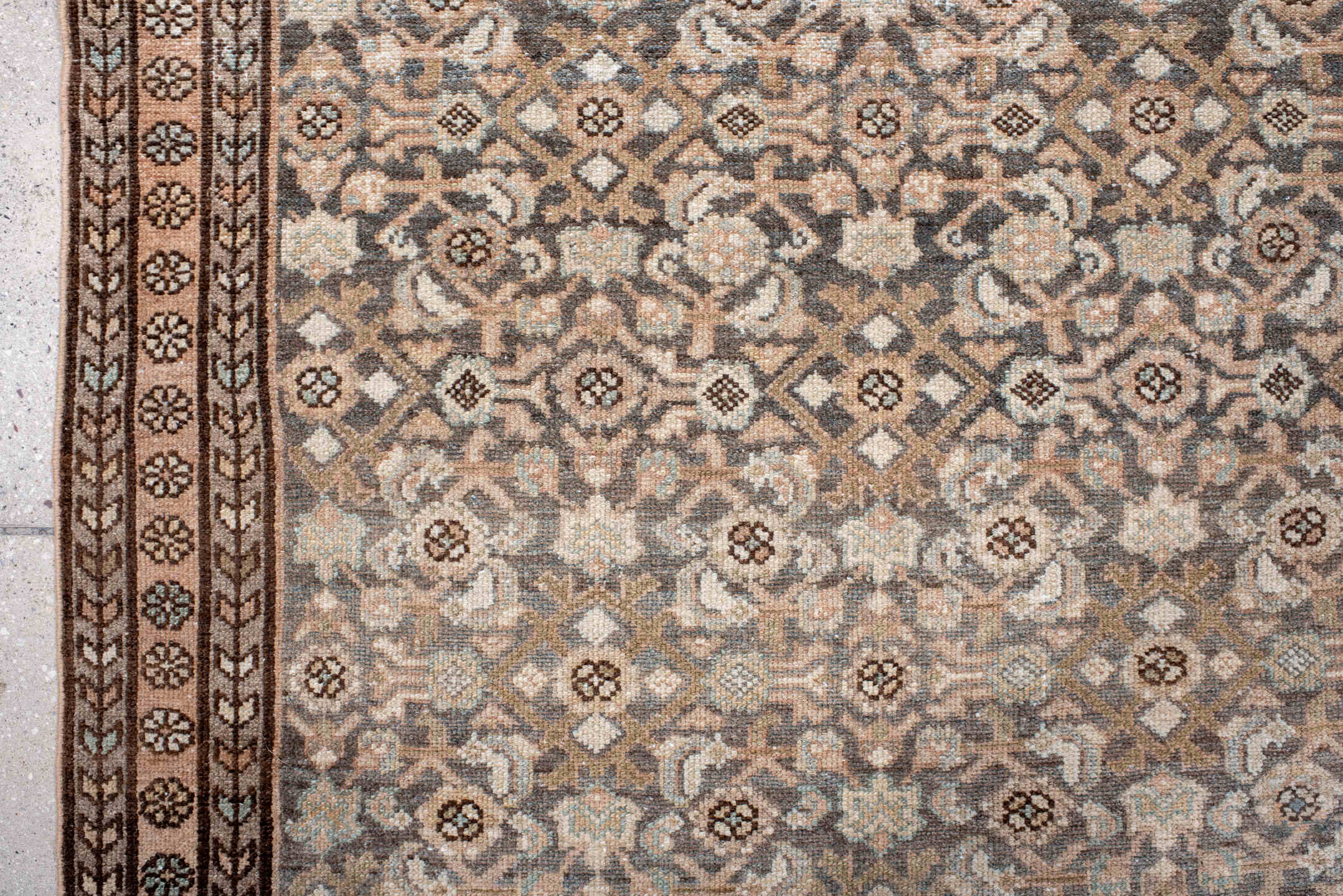 3' x 4' one-of-a-kind handmade vintage Malayer small size rug. Color palette: brown, dim gray, gray, light gray, off-white