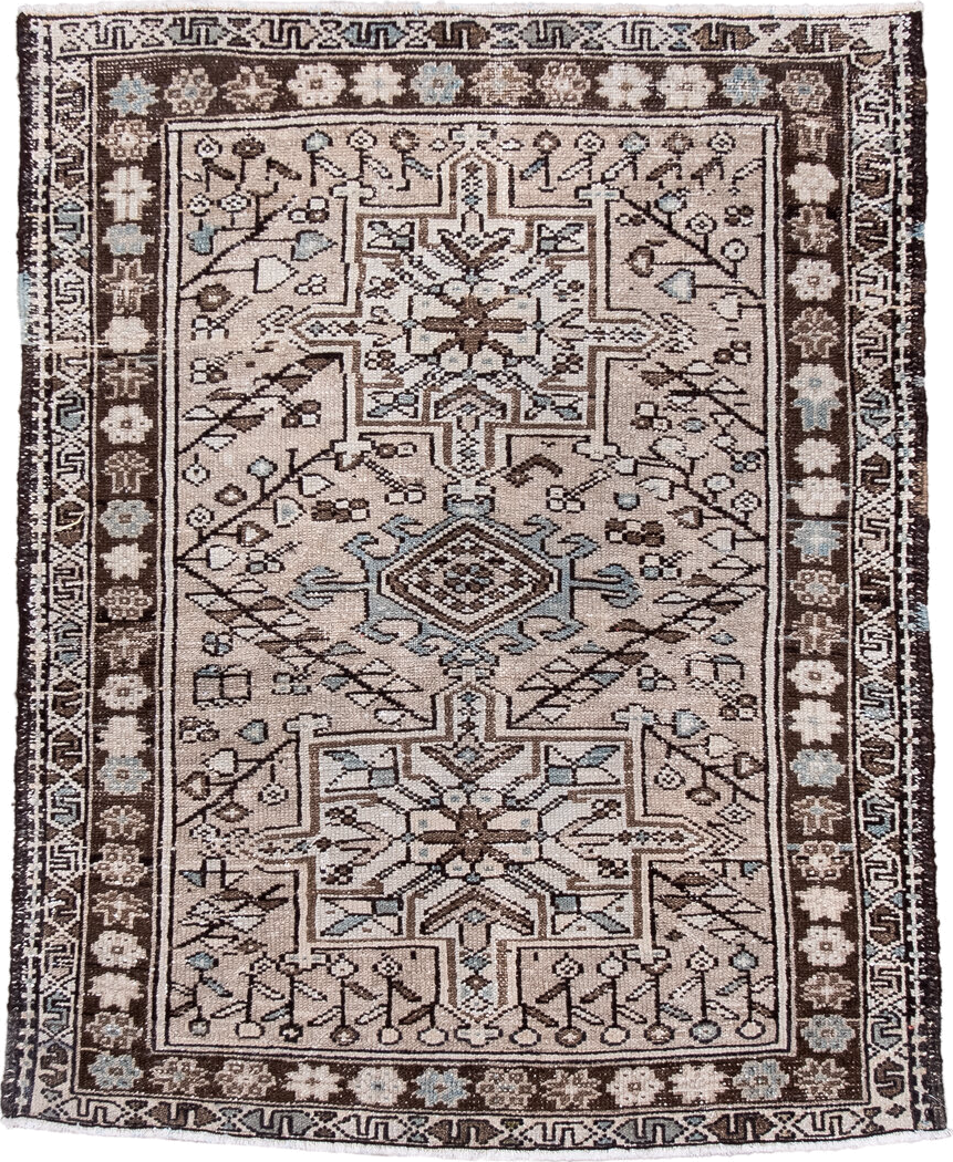 3' x 4' one-of-a-kind handmade antique Karaje small size rug. Color palette: ivory, brown, taupe, light blue, charcoal