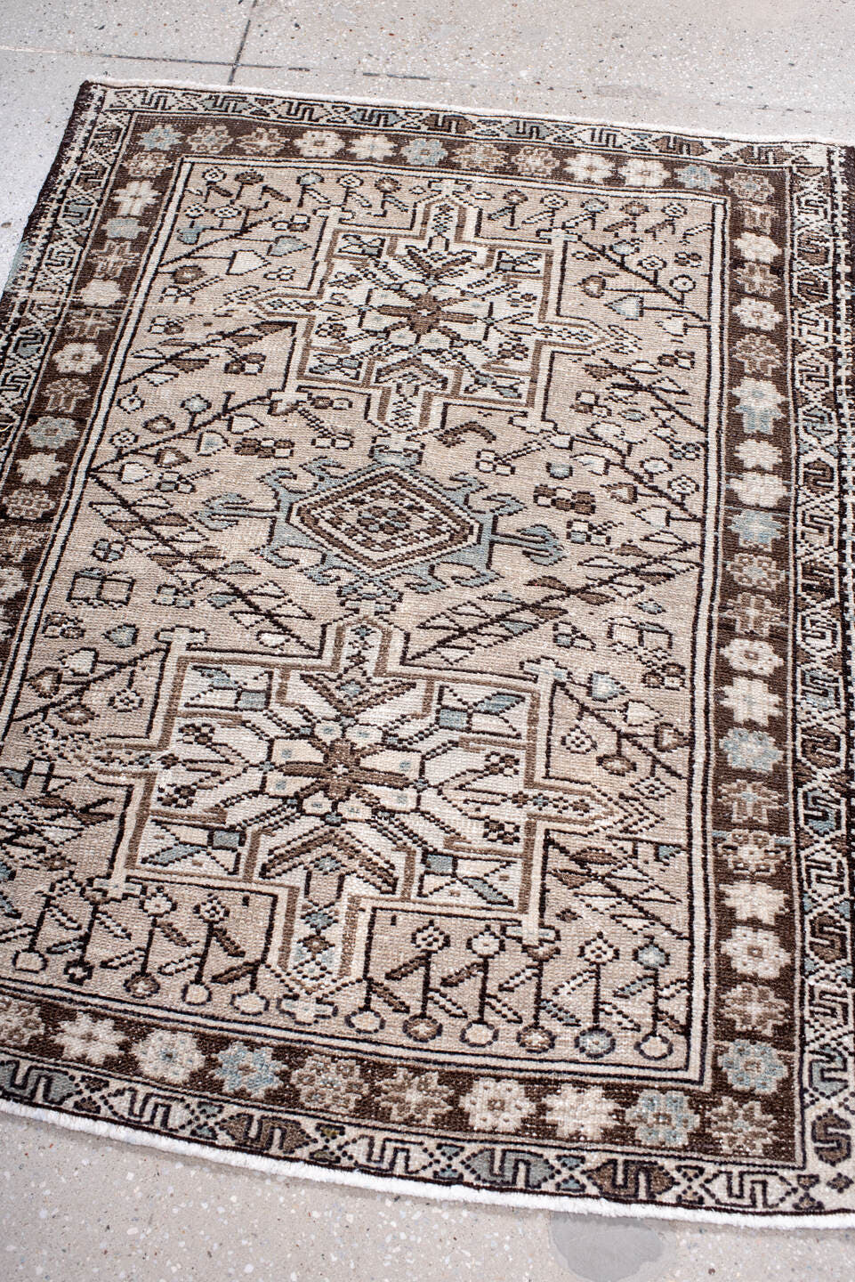 3' x 4' one-of-a-kind handmade antique Karaje small size rug. Color palette: ivory, brown, taupe, light blue, charcoal