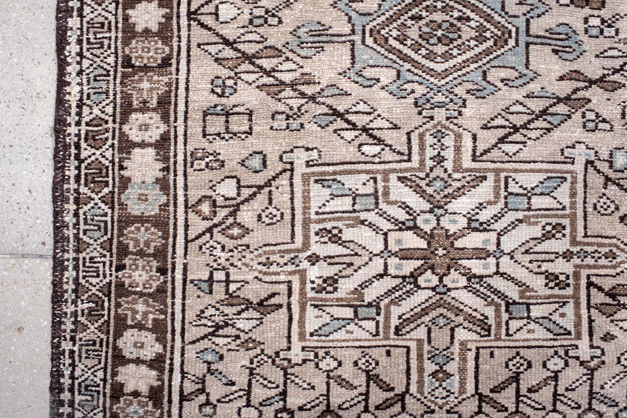 3' x 4' one-of-a-kind handmade antique Karaje small size rug. Color palette: ivory, brown, taupe, light blue, charcoal