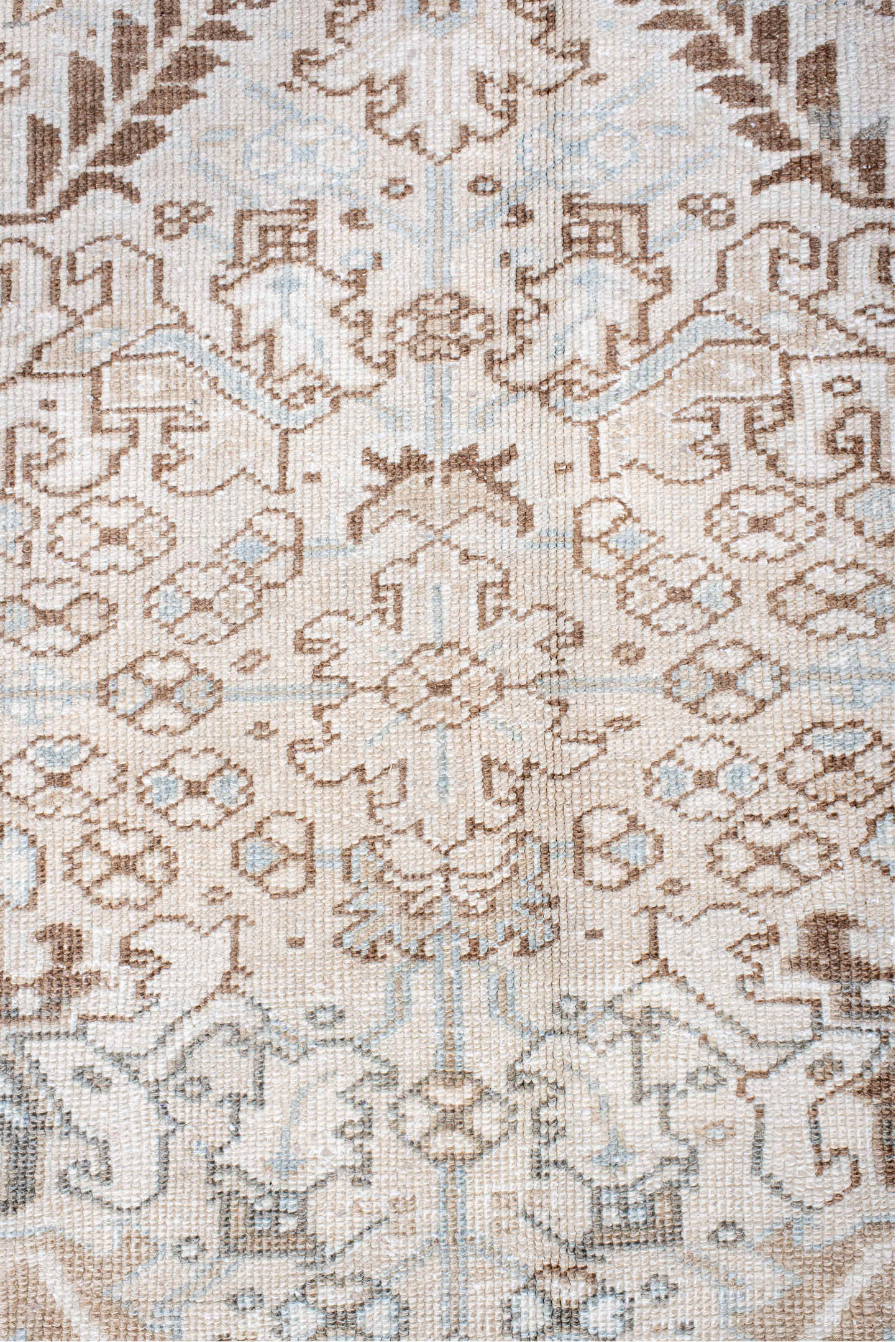 7' x 11' one-of-a-kind handmade antique Heriz large size rug. Color palette: ivory, taupe, light blue, camel, brown, cream