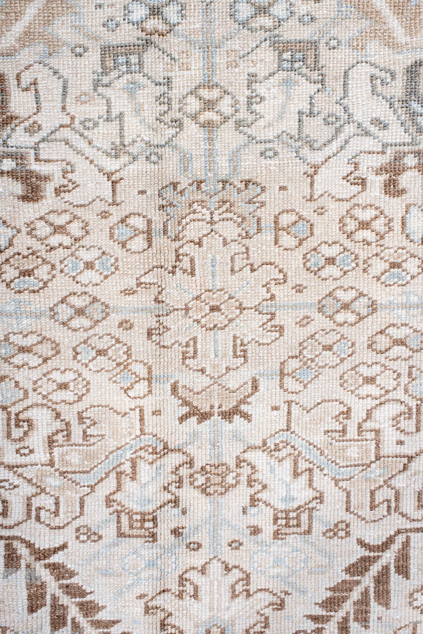 7' x 11' one-of-a-kind handmade antique Heriz large size rug. Color palette: ivory, taupe, light blue, camel, brown, cream