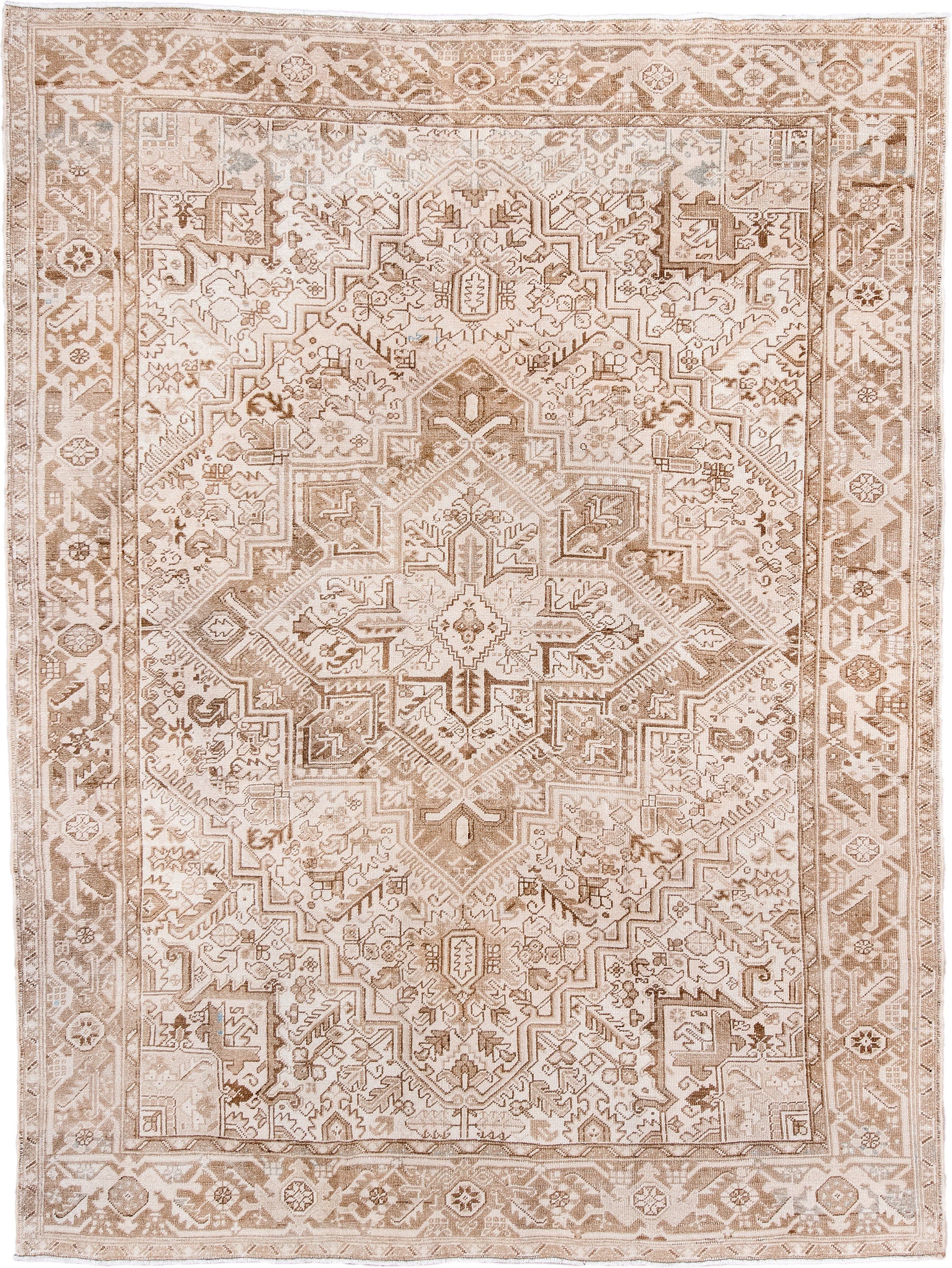 7' x 9' one-of-a-kind handmade antique Heriz rug. Color palette: ivory, camel, taupe, beige, sand, gray