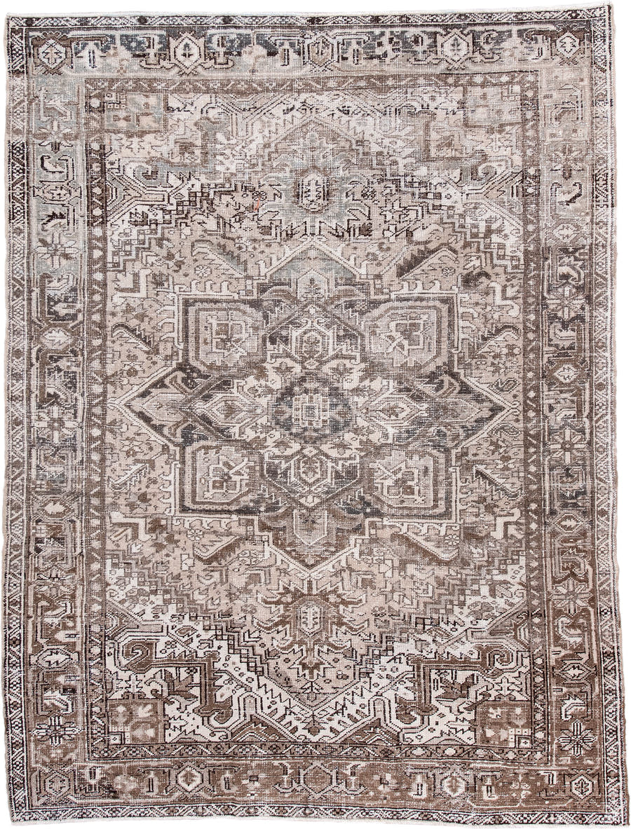 6' x 8' one-of-a-kind handmade antique Heriz medium size rug. Color palette: taupe, ivory, brown, rose, charcoal, beige