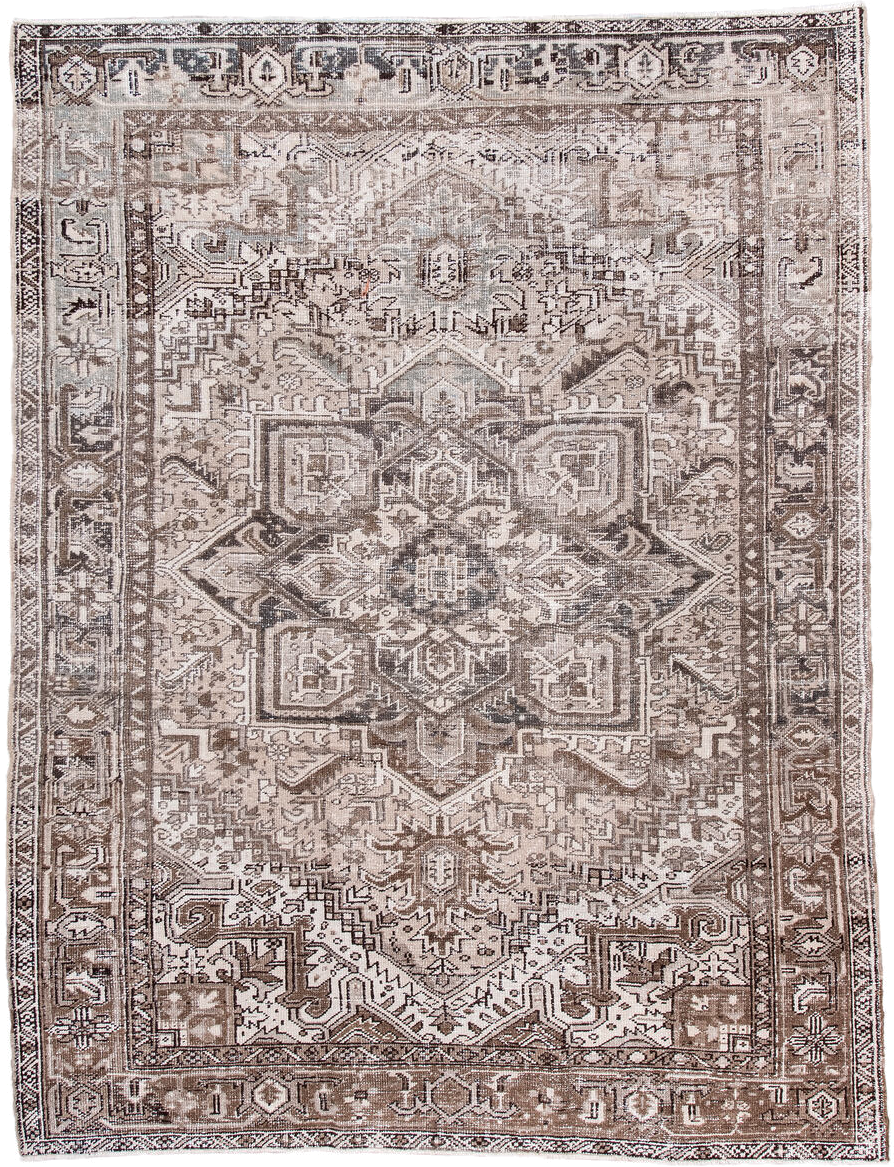 6' x 8' one-of-a-kind handmade antique Heriz medium size rug. Color palette: taupe, ivory, brown, rose, charcoal, beige