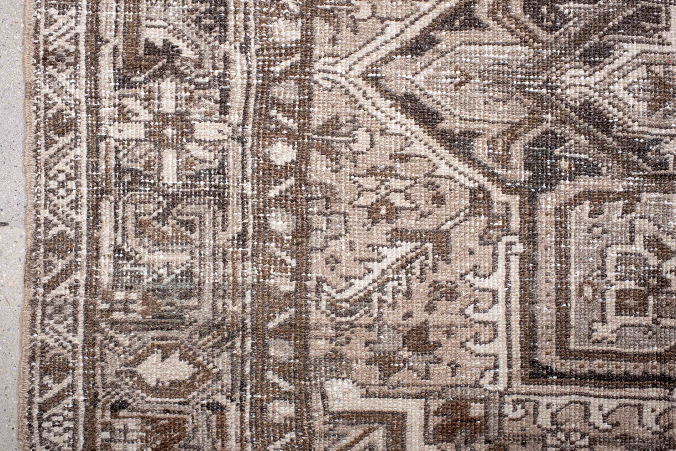 6' x 8' one-of-a-kind handmade antique Heriz medium size rug. Color palette: taupe, ivory, brown, rose, charcoal, beige
