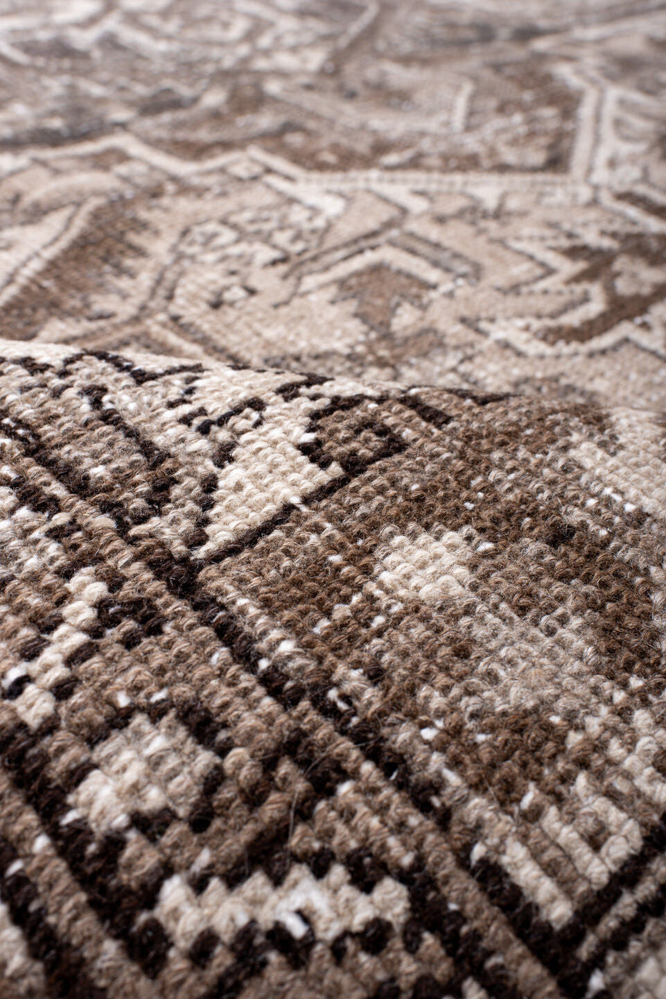 6' x 8' one-of-a-kind handmade antique Heriz medium size rug. Color palette: taupe, ivory, brown, rose, charcoal, beige