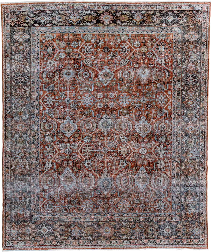 7' x 8' one-of-a-kind handmade antique Mahal rug. Color palette: terra cotta, charcoal, ivory, slate, rust, taupe, sage