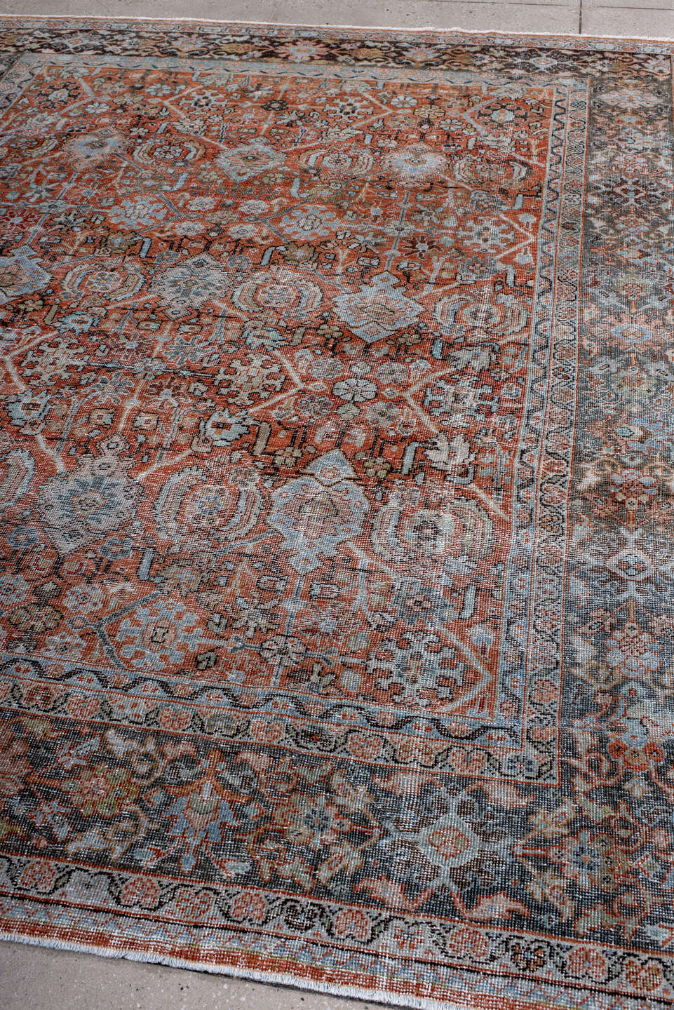7' x 8' one-of-a-kind handmade antique Mahal rug. Color palette: terra cotta, charcoal, ivory, slate, rust, taupe, sage