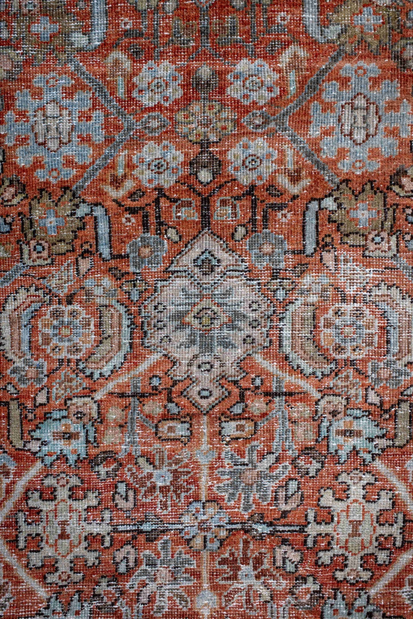 7' x 8' one-of-a-kind handmade antique Mahal rug. Color palette: terra cotta, charcoal, ivory, slate, rust, taupe, sage