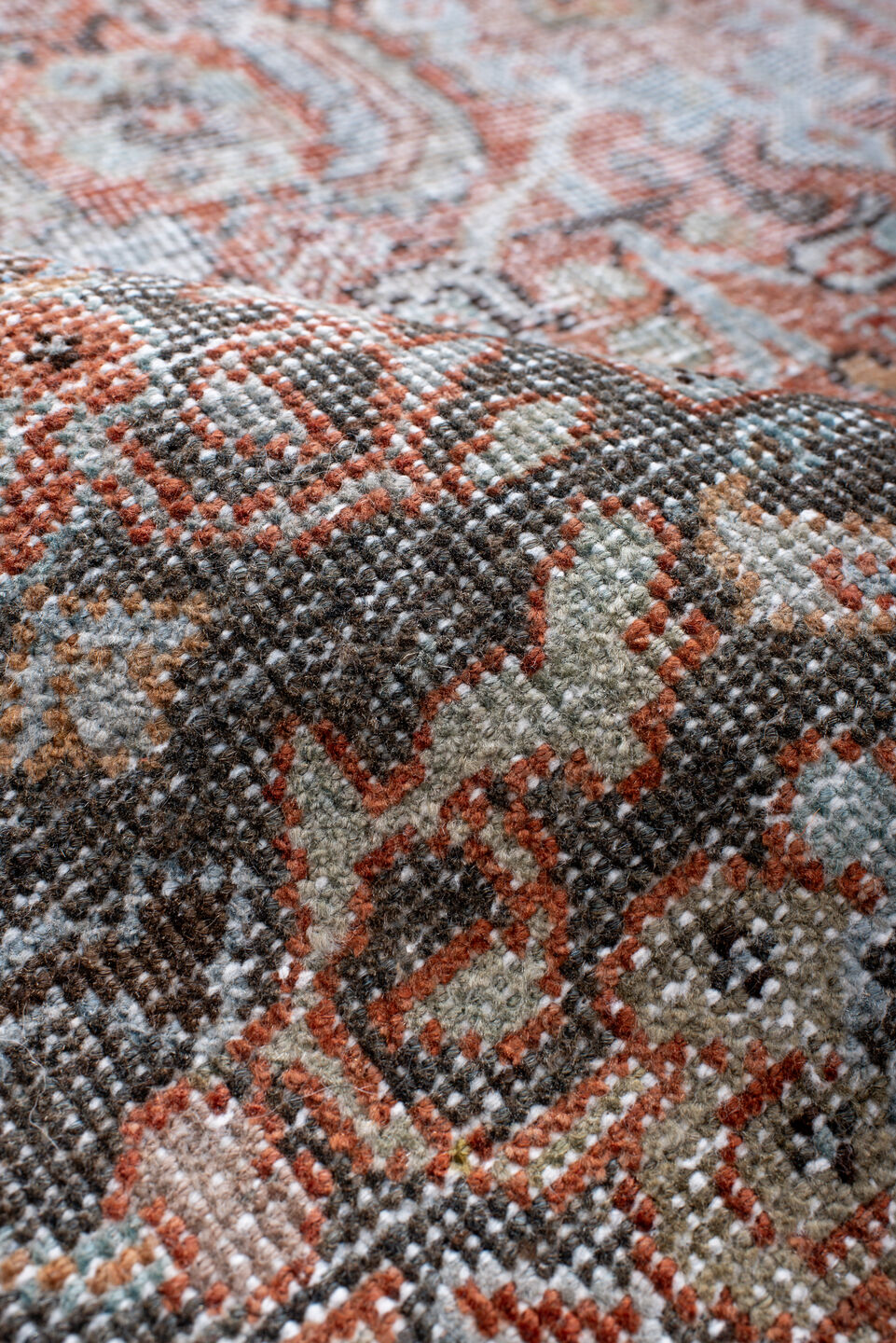 7' x 8' one-of-a-kind handmade antique Mahal rug. Color palette: terra cotta, charcoal, ivory, slate, rust, taupe, sage