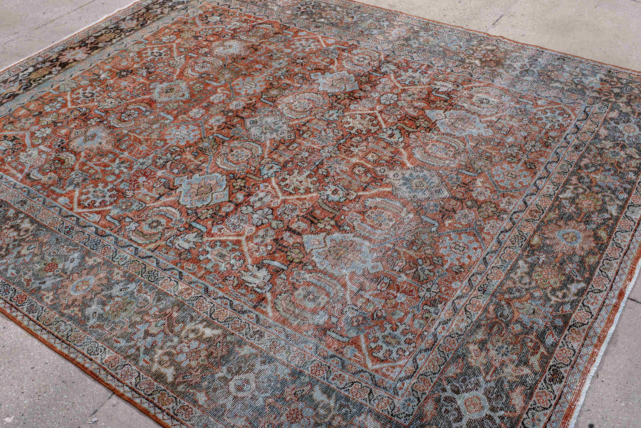 7' x 8' one-of-a-kind handmade antique Mahal rug. Color palette: terra cotta, charcoal, ivory, slate, rust, taupe, sage