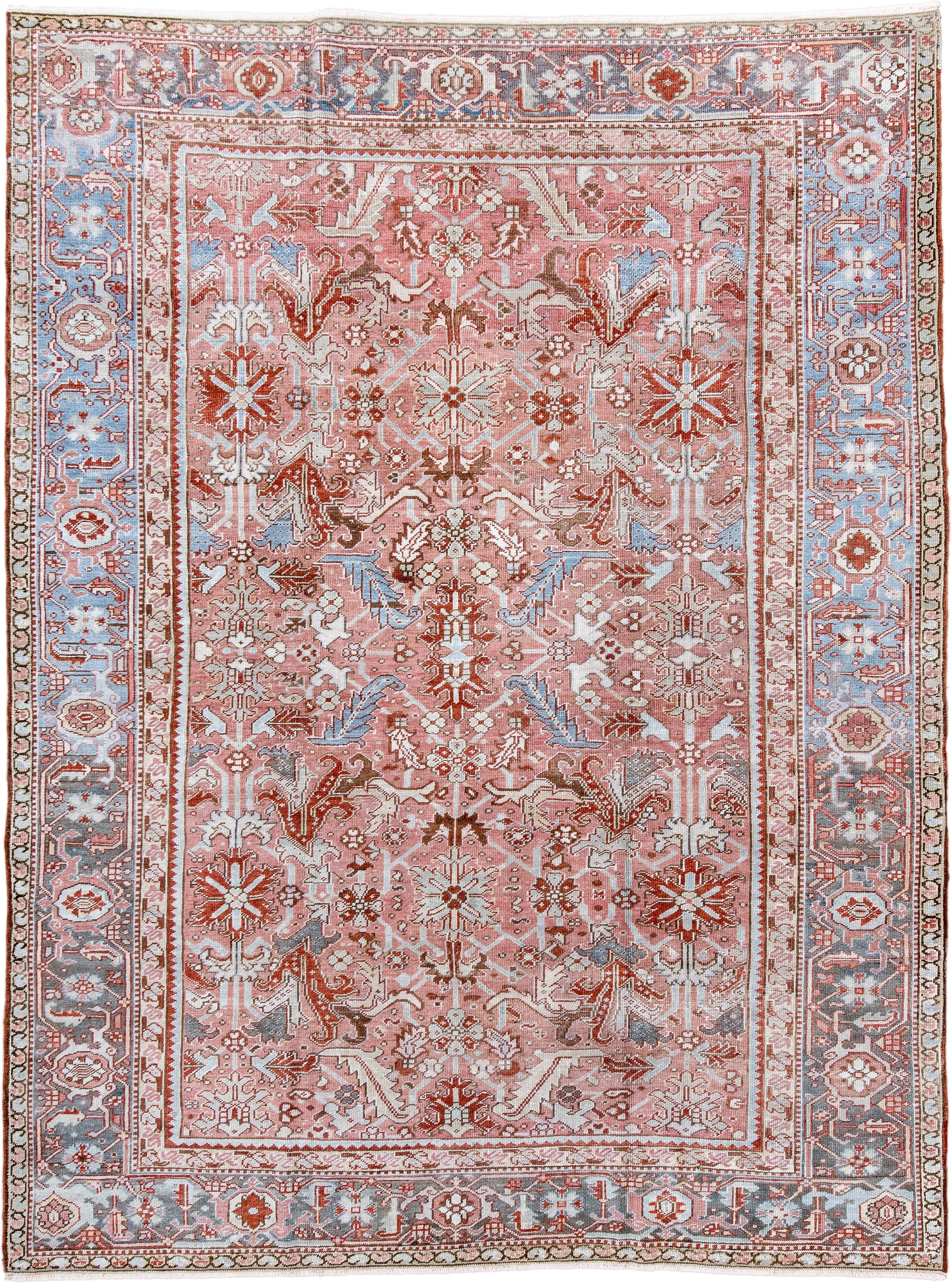 8' x 10' one-of-a-kind handmade antique Heriz large size rug. Color palette: rose, sky blue, ivory, terra cotta, rust, taupe